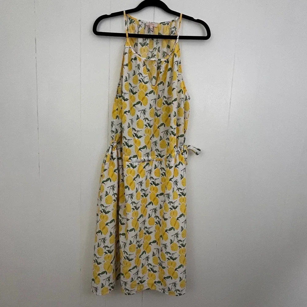 Pixley Women Yellow Lemon Print Halter‎ V-Neck Tie Waist Dress 1X D61504W